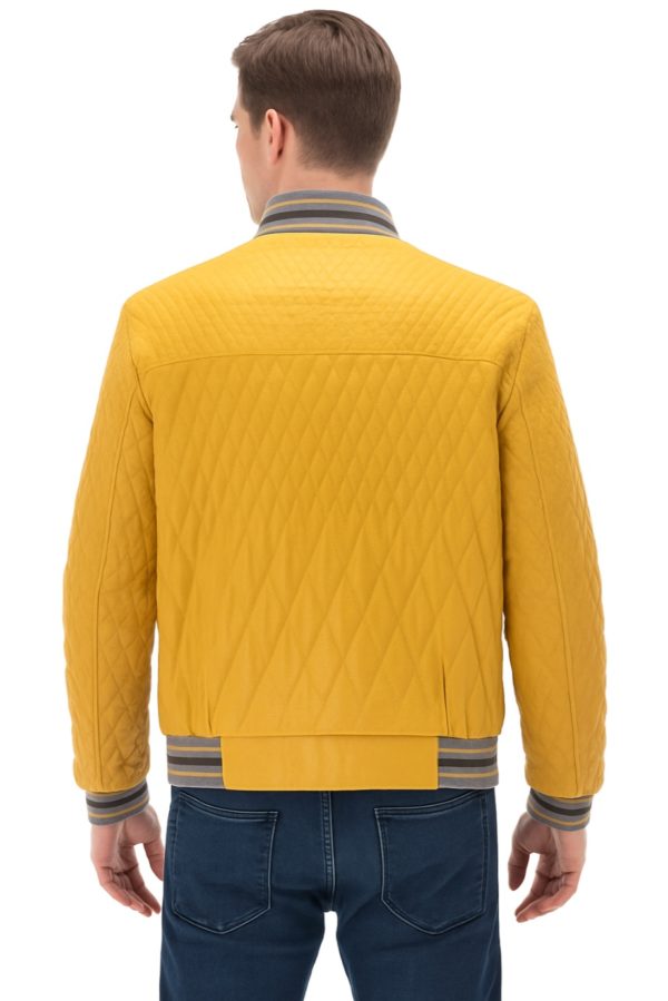 New Men Yellow Quilted Leather Bomber Jacket - Image 2