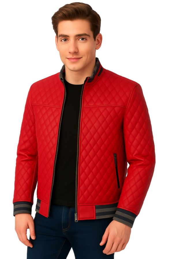 New Men Yellow Quilted Leather Bomber Jacket - Image 14