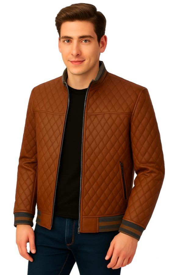New Men Yellow Quilted Leather Bomber Jacket - Image 16