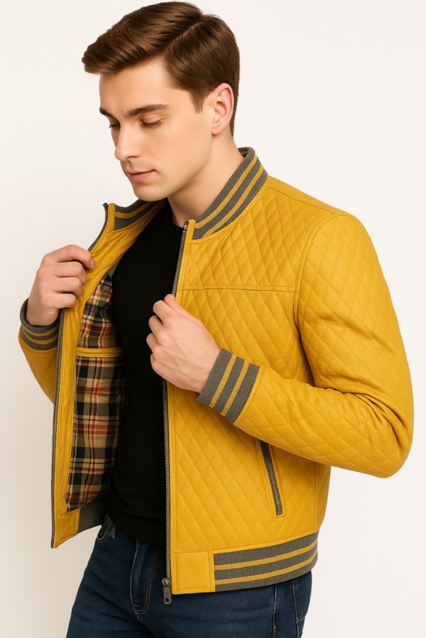 New Men Yellow Quilted Leather Bomber Jacket - Image 5