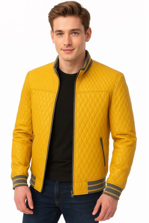 New Men Yellow Quilted Leather Bomber Jacket - Image 6