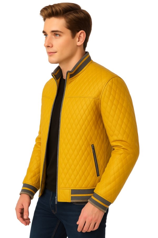 New Men Yellow Quilted Leather Bomber Jacket - Image 8