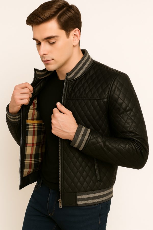 New Men Yellow Quilted Leather Bomber Jacket - Image 9