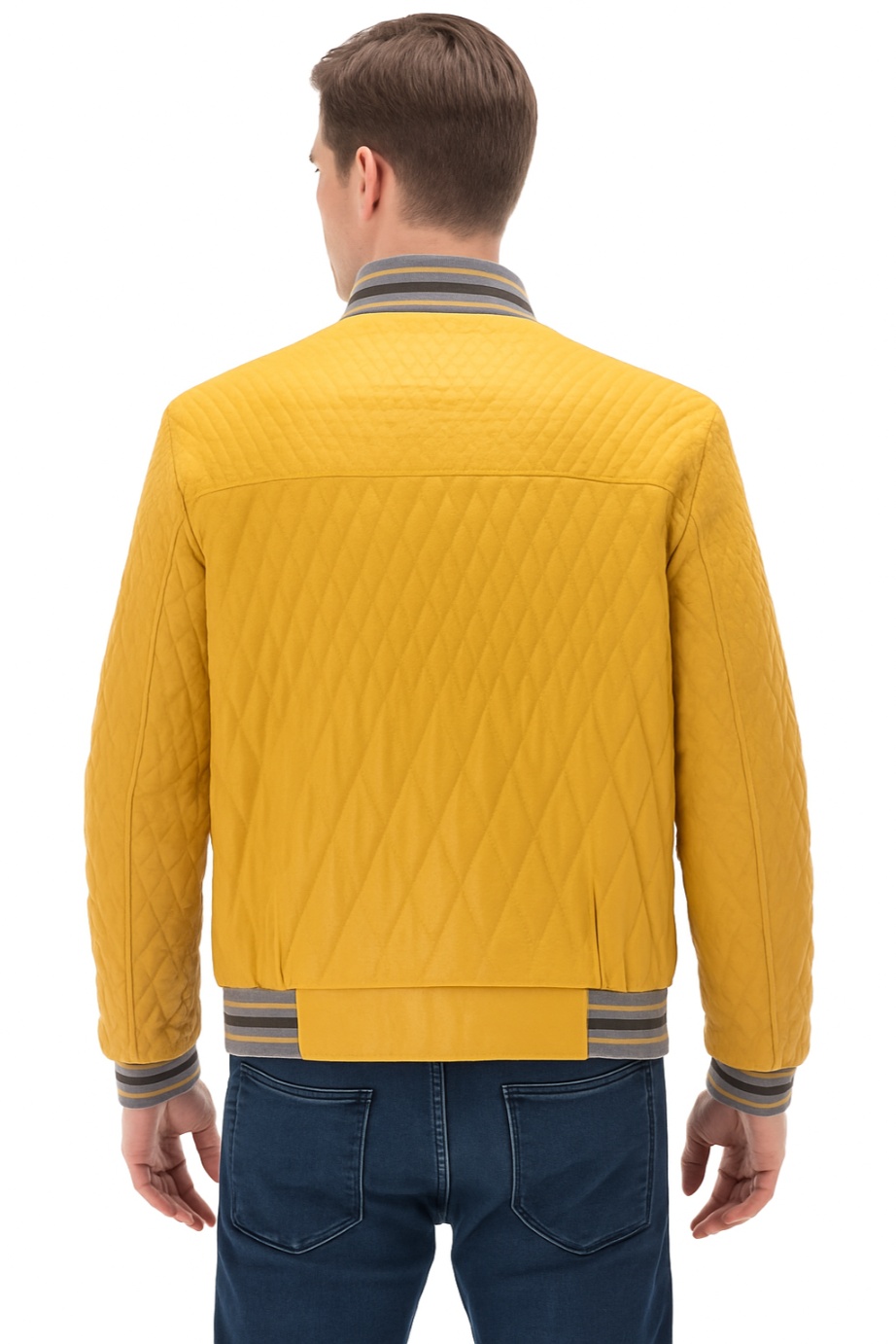 New Men Yellow Quilted Leather Bomber Jacket - Image 9