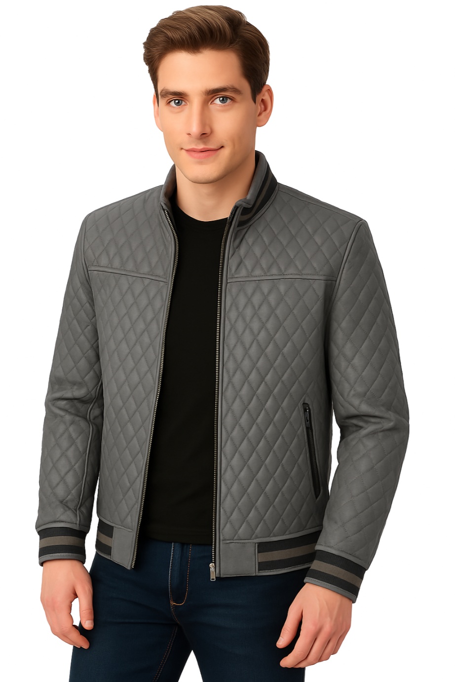 New Men Yellow Quilted Leather Bomber Jacket - Image 11