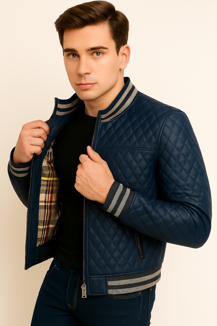 New Men Yellow Quilted Leather Bomber Jacket - Image 12