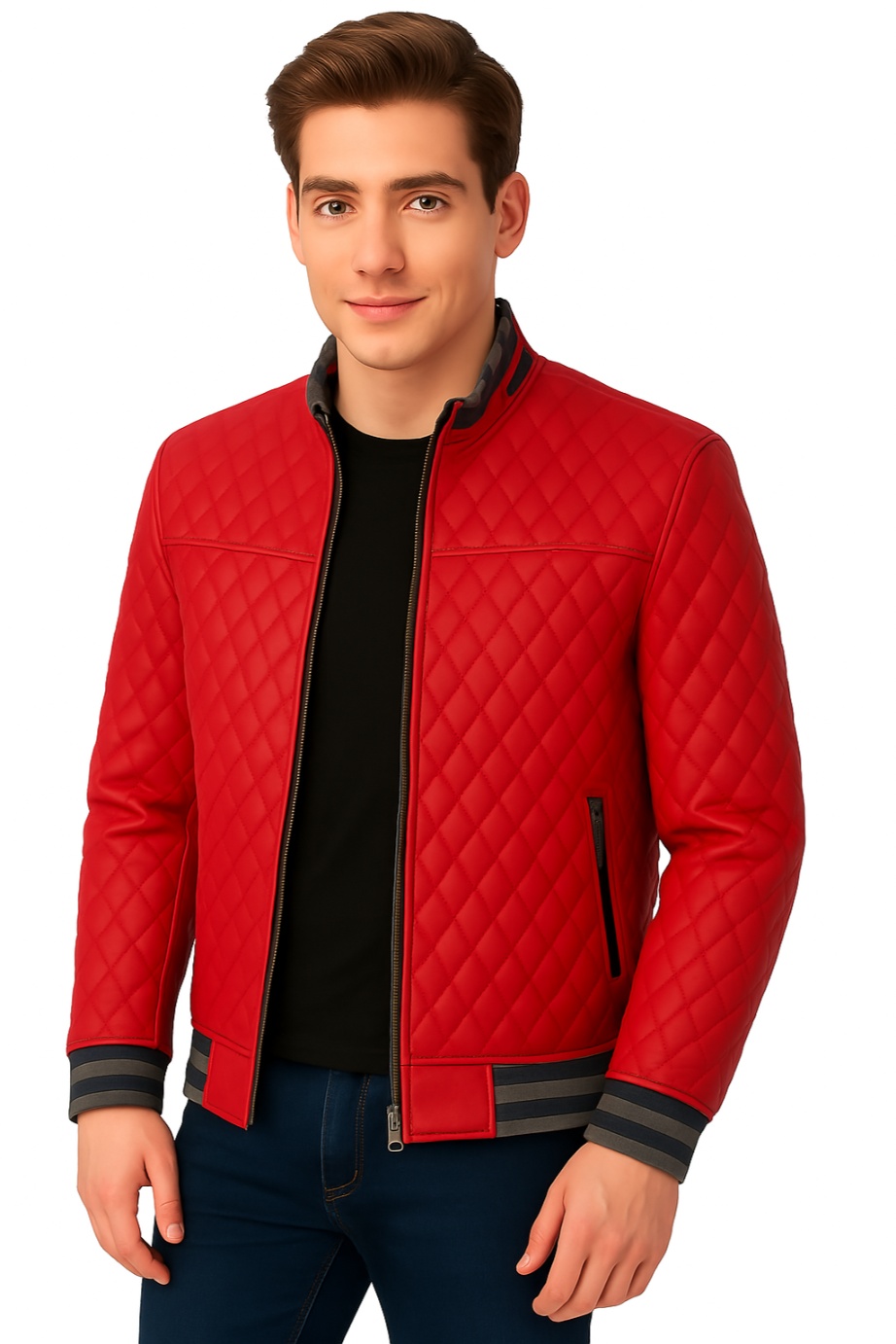 New Men Yellow Quilted Leather Bomber Jacket - Image 13