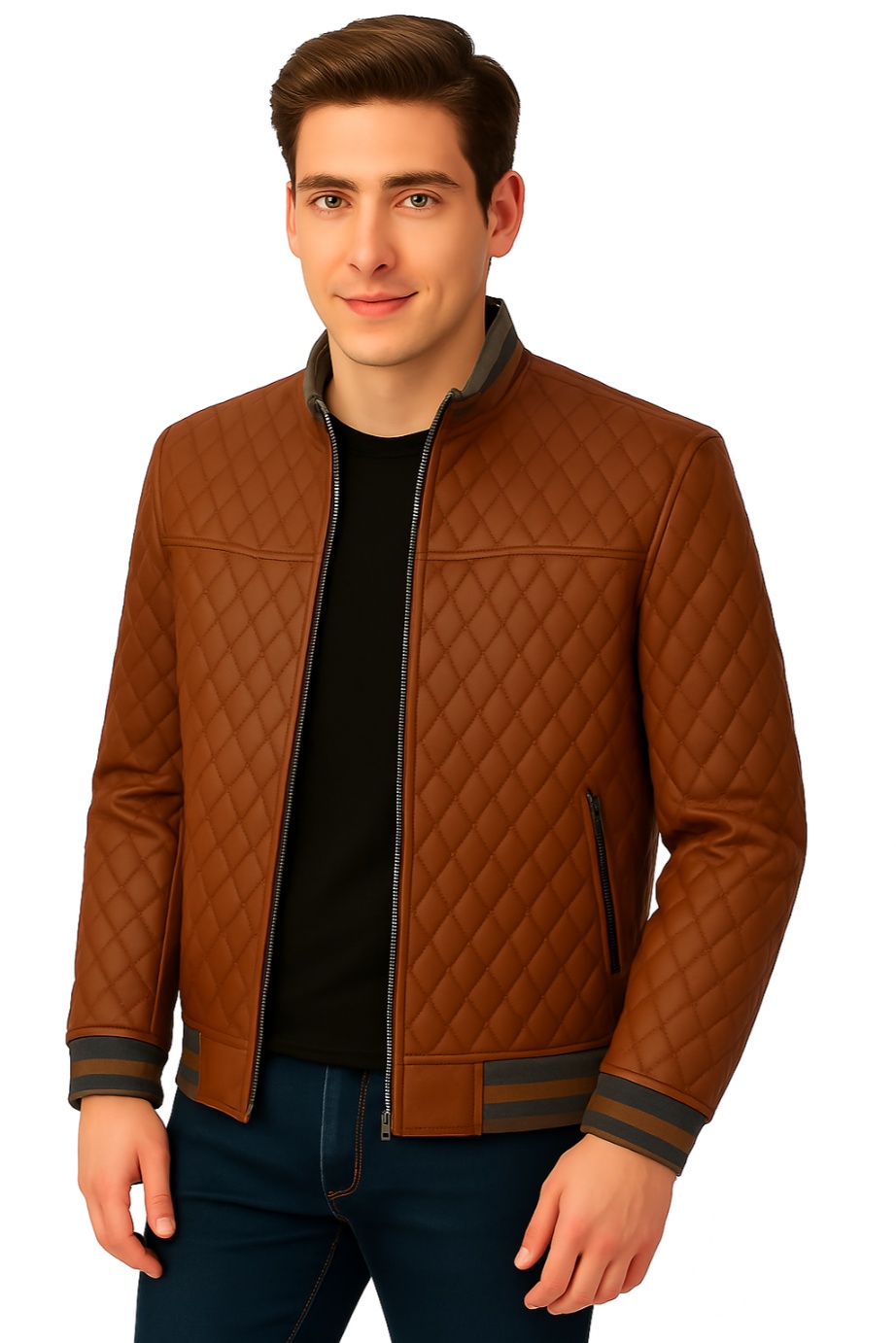 New Men Yellow Quilted Leather Bomber Jacket - Image 15