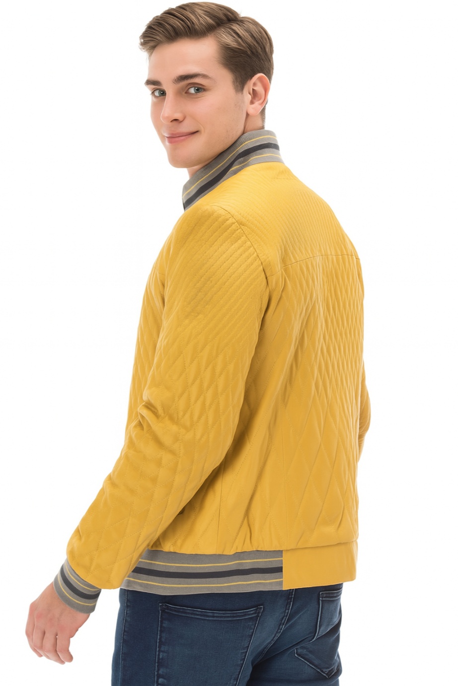 New Men Yellow Quilted Leather Bomber Jacket - Image 8