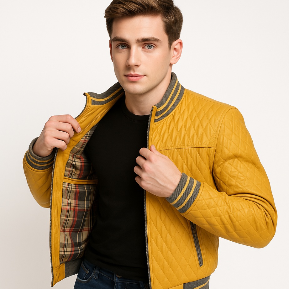 New Men Yellow Quilted Leather Bomber Jacket - Image 3
