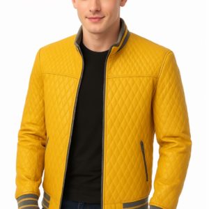 New Men Yellow Quilted Leather Bomber Jacket