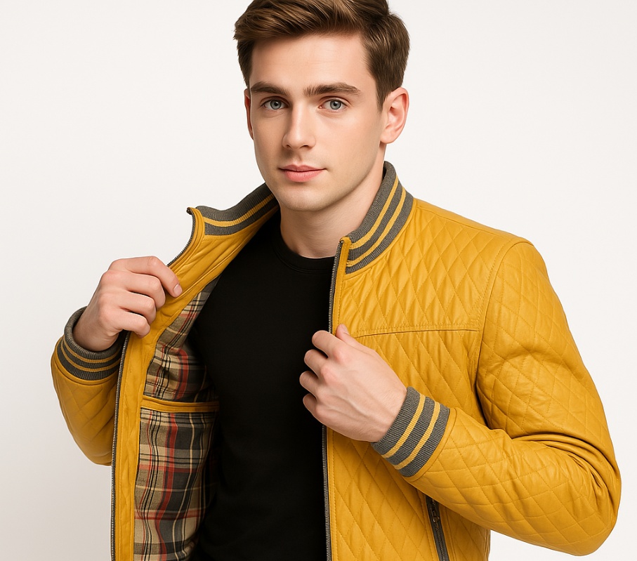 New Men Yellow Quilted Leather Bomber Jacket - Image 2