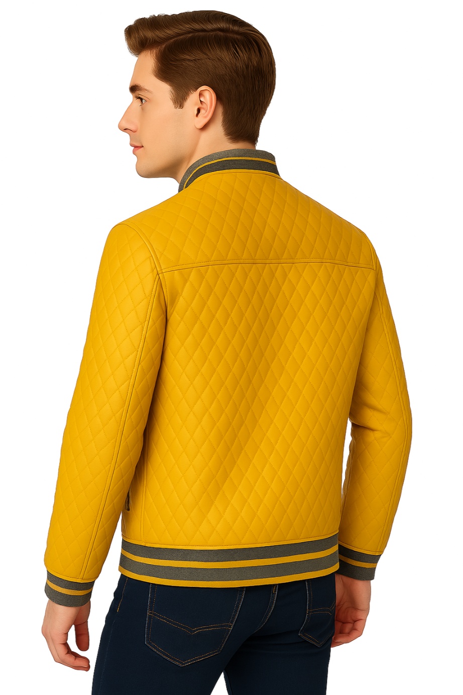 New Men Yellow Quilted Leather Bomber Jacket - Image 6
