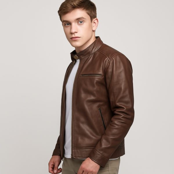 New Men Stylish Dean Brown Leather Biker Jacket - Image 4