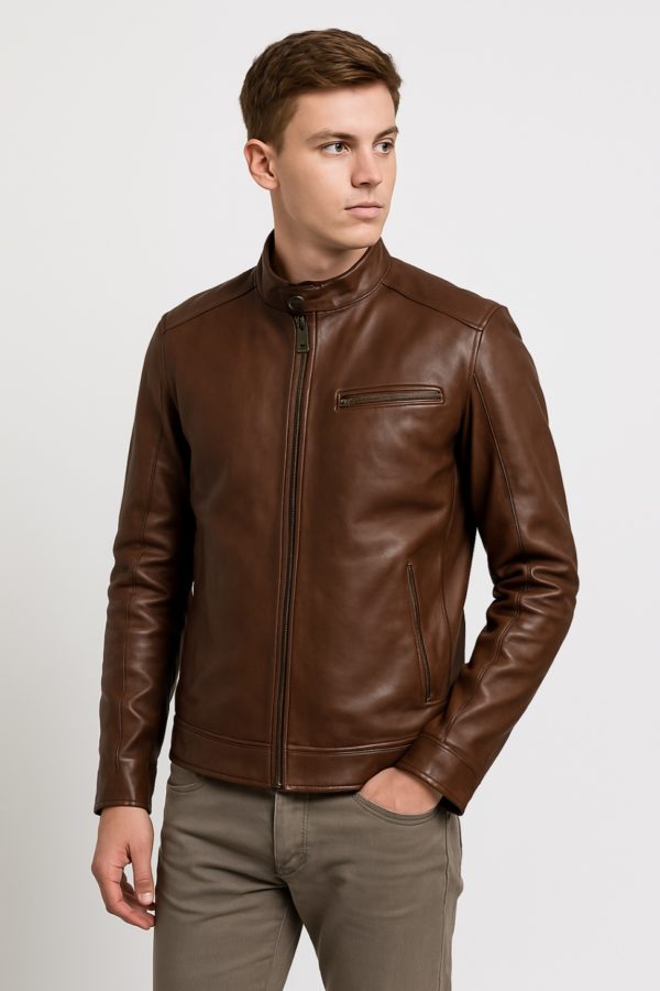 New Men Stylish Dean Brown Leather Biker Jacket - Image 3