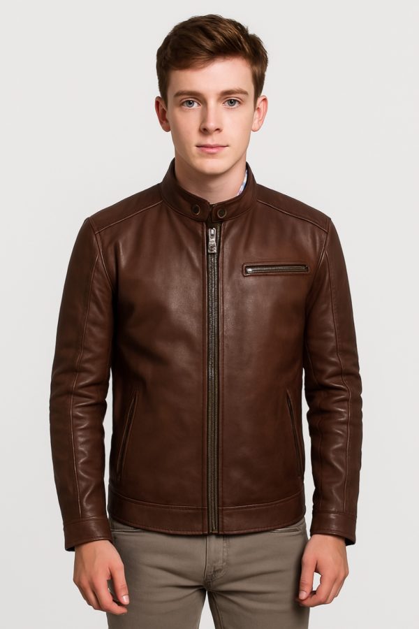 New Men Stylish Dean Brown Leather Biker Jacket - Image 2