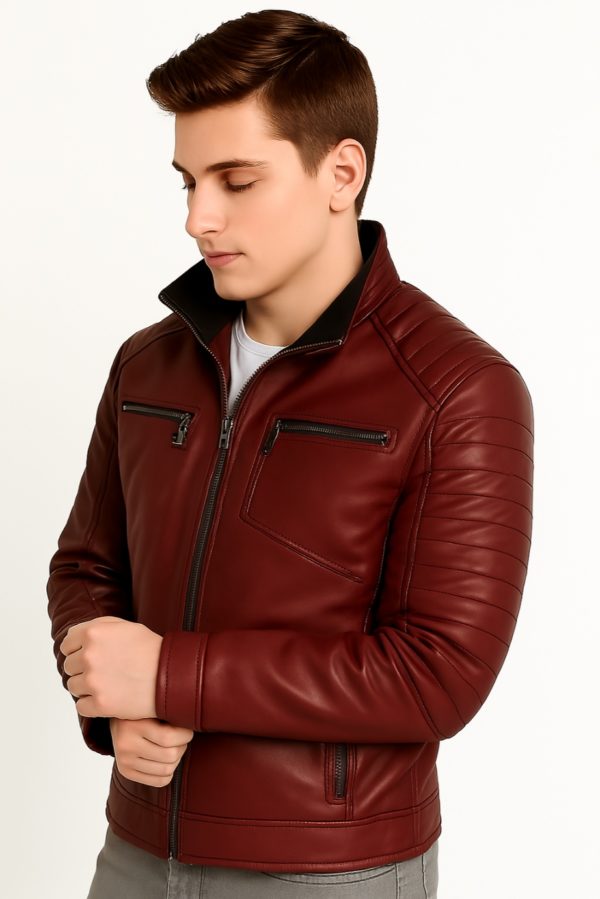New Stylish Men Maroon Quilted Bomber Leather Jacket - Image 8