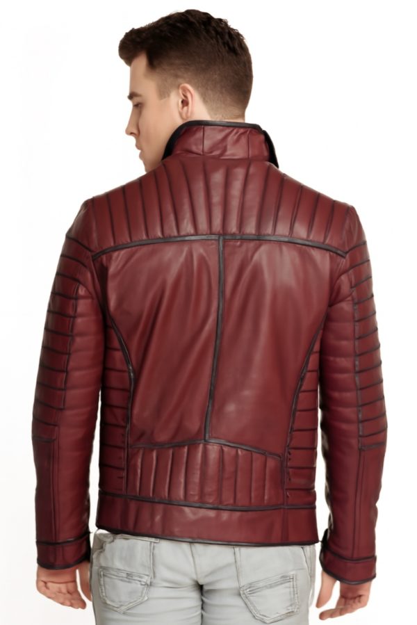 New Stylish Men Maroon Quilted Bomber Leather Jacket - Image 5