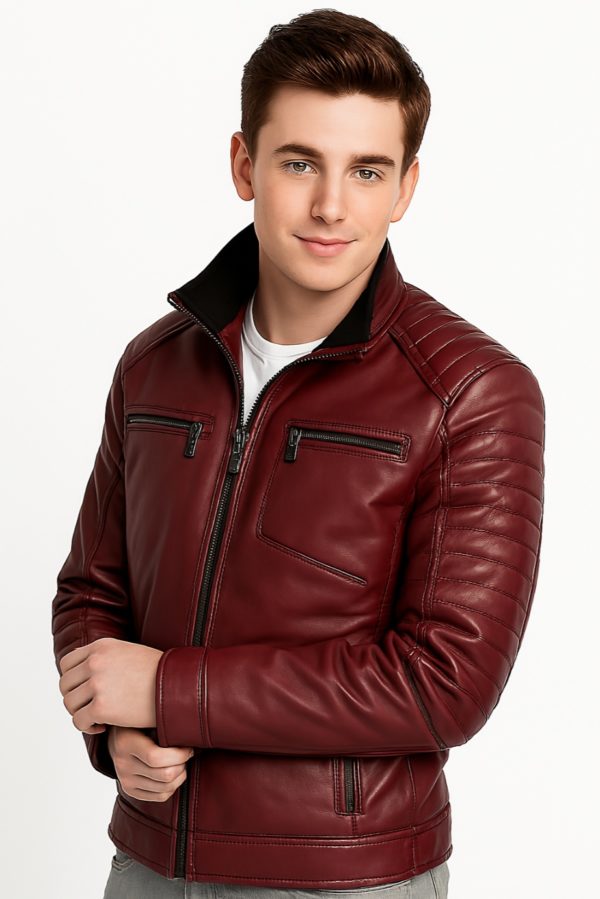 New Stylish Men Maroon Quilted Bomber Leather Jacket - Image 3