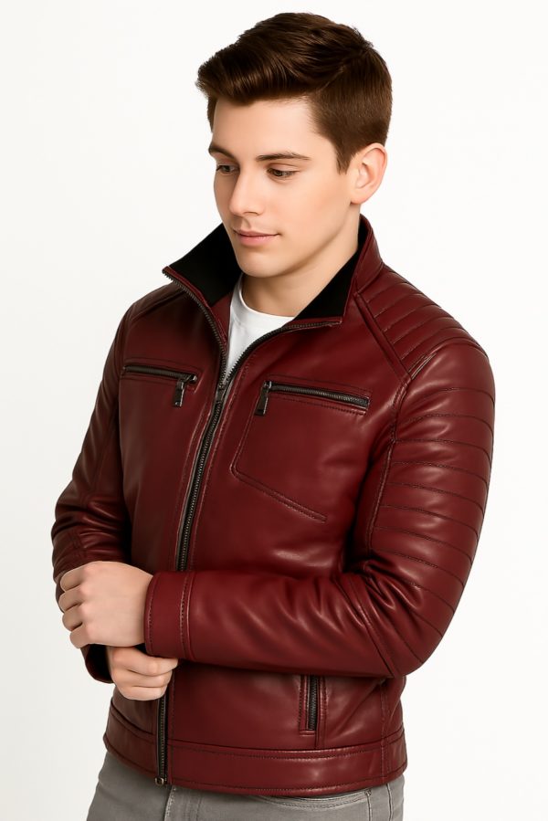 New Stylish Men Maroon Quilted Bomber Leather Jacket - Image 2