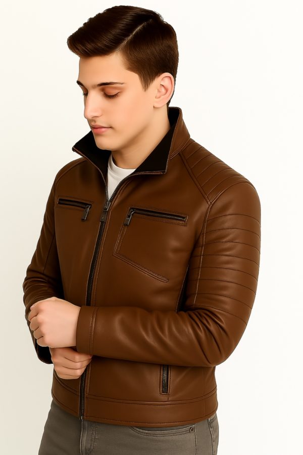 New Stylish Men Maroon Quilted Bomber Leather Jacket - Image 14