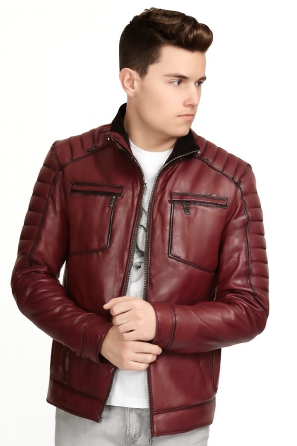 New Stylish Men Maroon Quilted Bomber Leather Jacket - Image 7