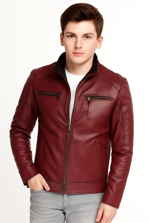 New Stylish Men Maroon Quilted Bomber Leather Jacket - Image 6