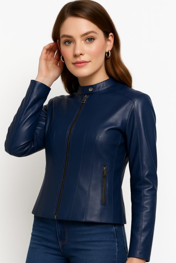 New Women’s Classic Blue Leather Jacket - Image 8