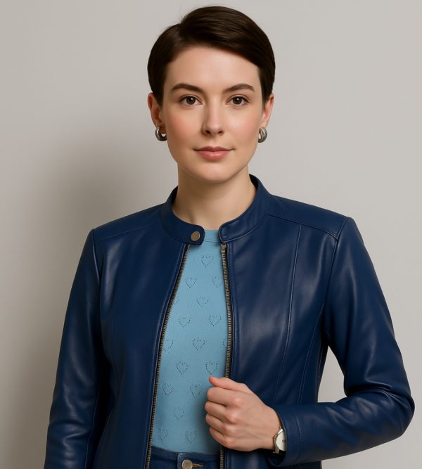 New Women’s Classic Blue Leather Jacket