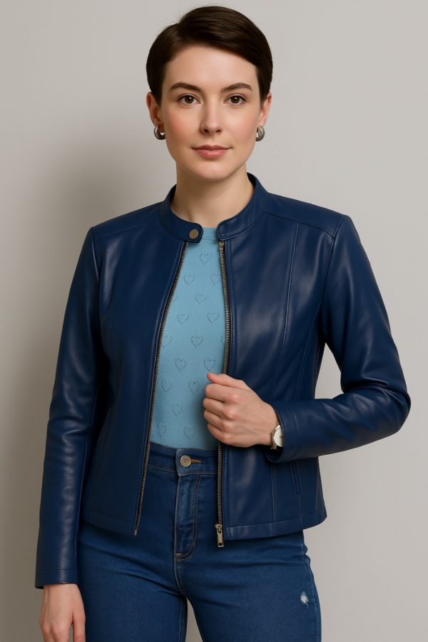 New Women’s Classic Blue Leather Jacket - Image 3