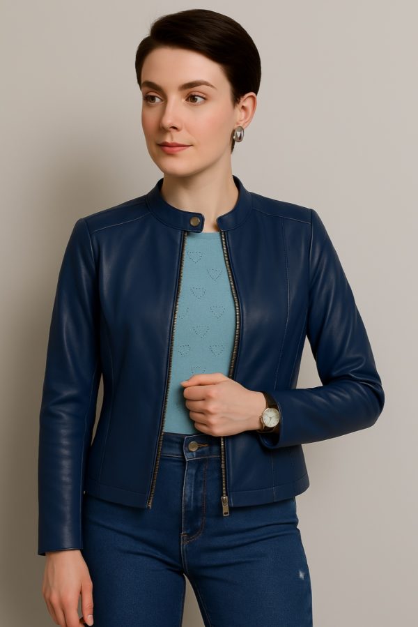 New Women’s Classic Blue Leather Jacket - Image 4