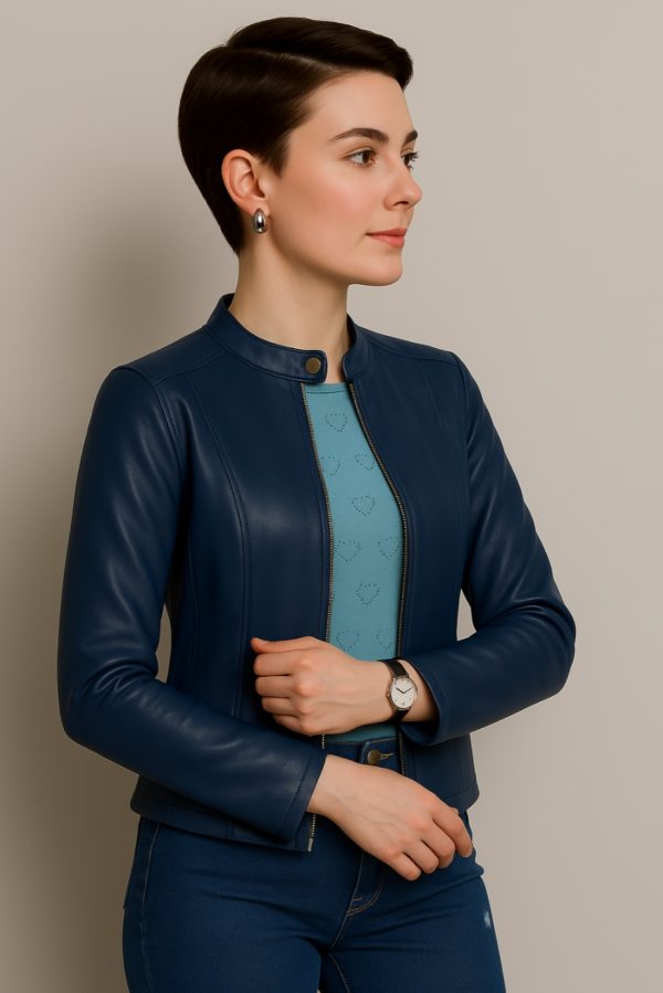 New Women’s Classic Blue Leather Jacket - Image 6