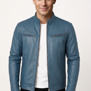 New Men Blue Leather Biker Jacket